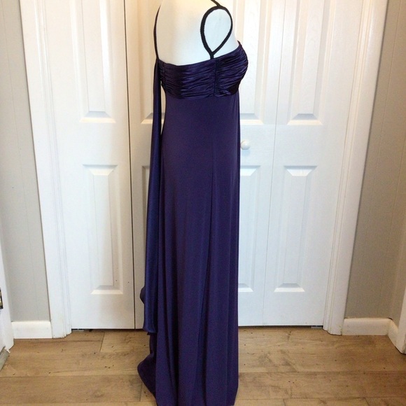 Davids Bridal Lapis Purple One Shoulder Long Jersey Cascade Back Dress Size 8 - Picture 7 of 14